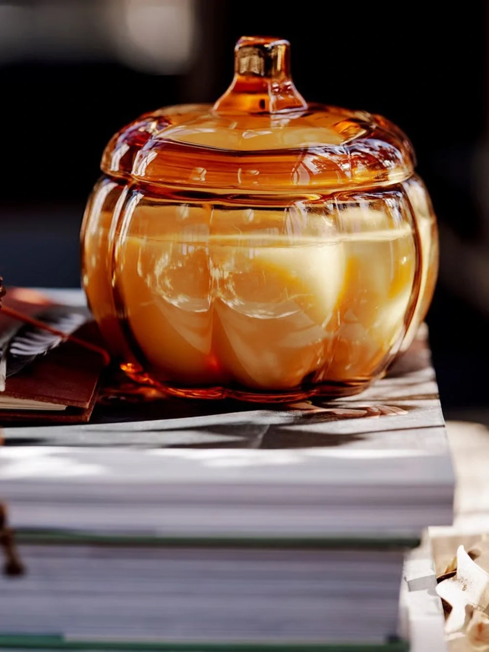 Amber Glass Candle Jar with Lid - Pumpkin Shape